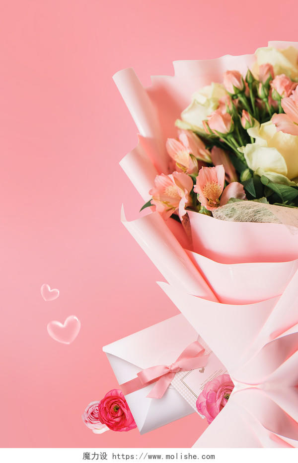 粉红色38女神节康乃馨花朵丝带贺卡心形38女神节海报背景